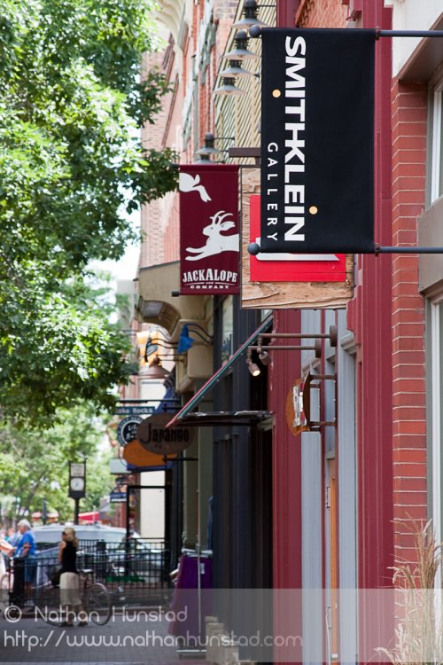 The Pearl Street Mall in Boulder, CO, showing Jackalope and the SmithKlein Gallery